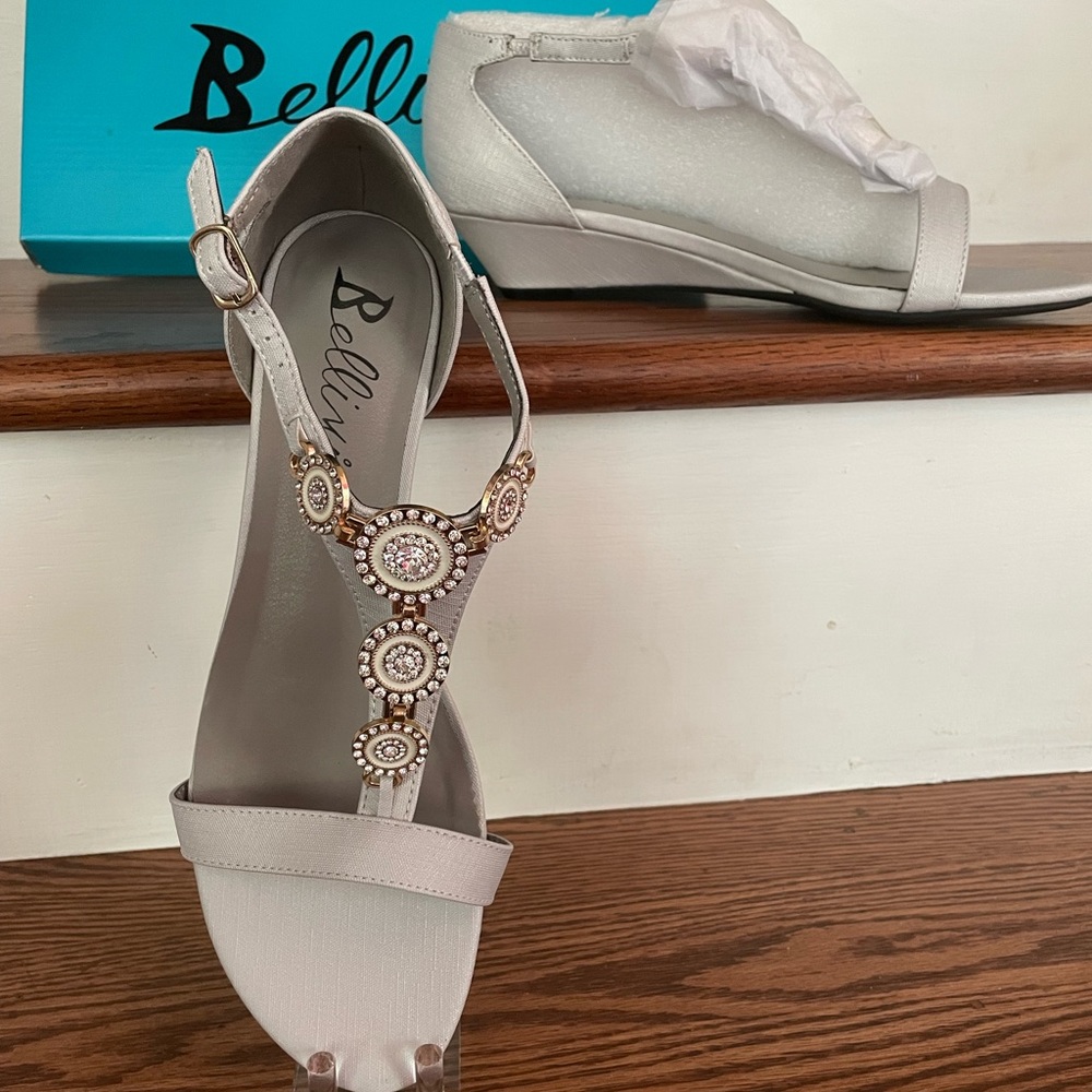 Bellini wedge sandals cloth w/rhinestones in gold & white enamel medallions NIB